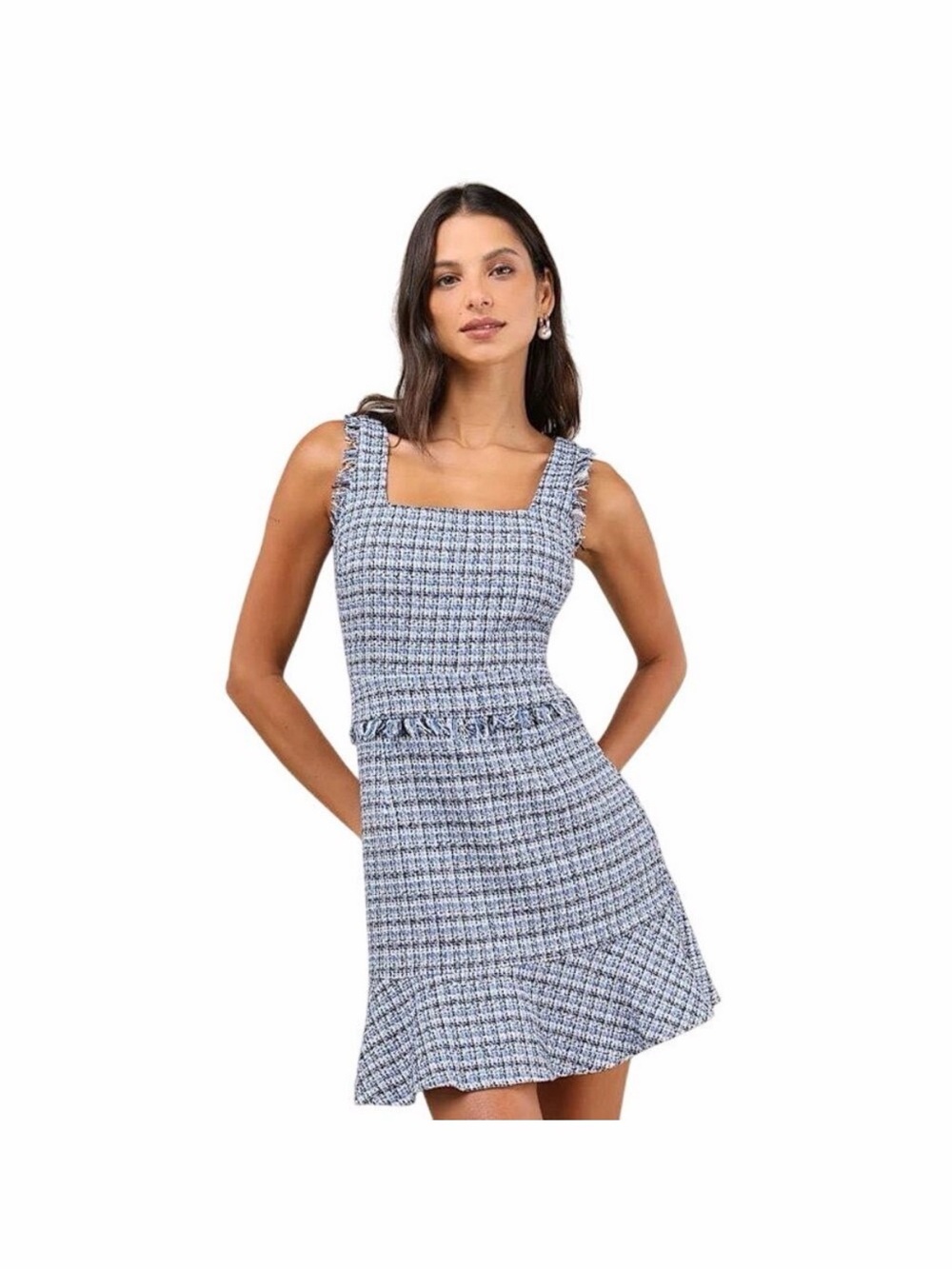 Lulu’s Blue Plaid Tweed Square-Neck Mini Dress - XS